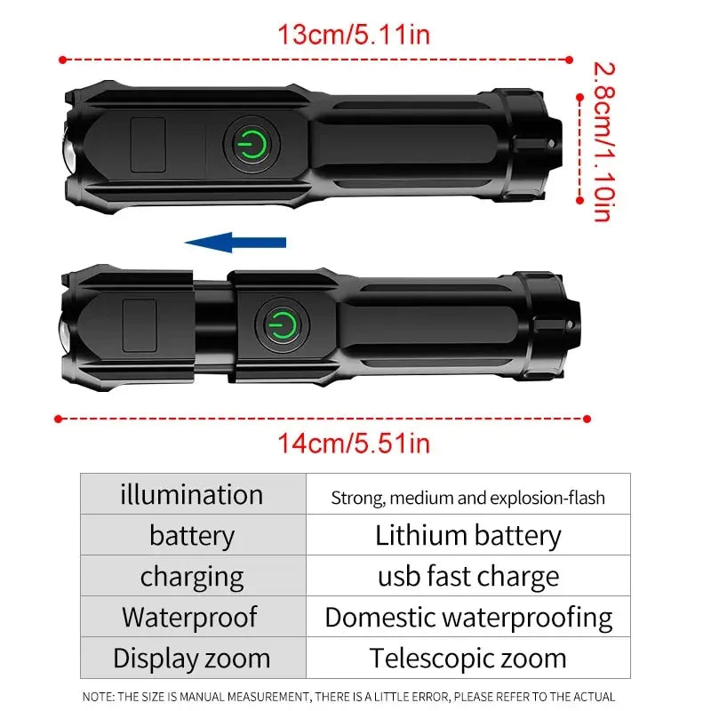 lampe torche télescopique noire moderne chargeur usb portable zoom éclairage camping