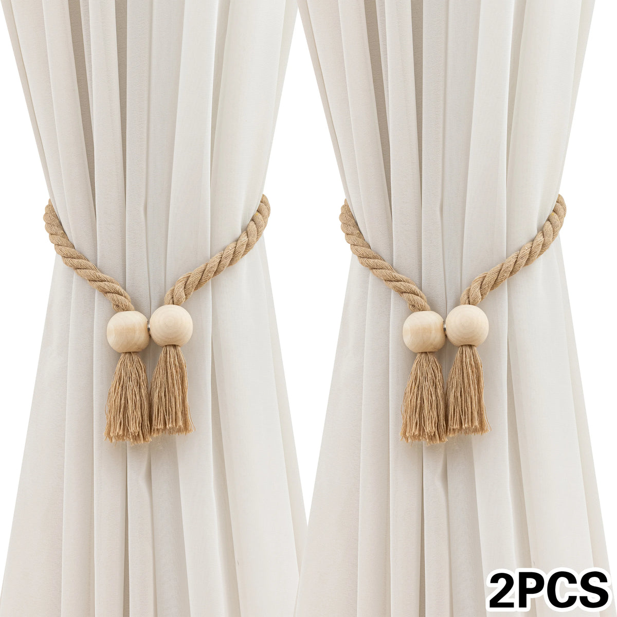 rideau polonais moderne ruban fenêtre tissé corde pompons bois beige clair 70cm