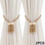 rideau polonais moderne ruban fenêtre tissé corde pompons bois beige clair 70cm