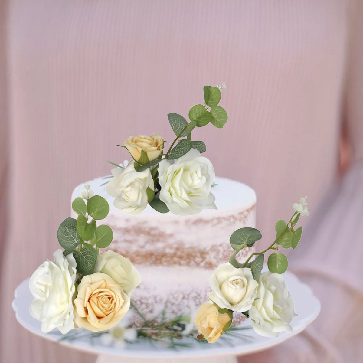 décoration gâteau fleurs roses blanches pêche eucalyptus mariage anniversaire romantique champêtre