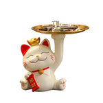 statue chat porte bonheur blanc doré artisanal détails dorés pochette rouge plateau texte rouge