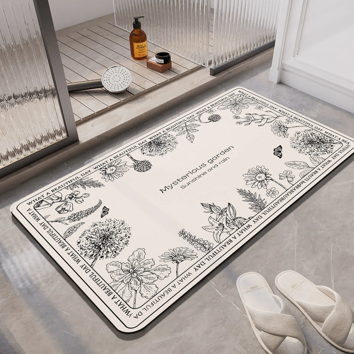 tapis bain absorbant antidérapant fleurs vintage blanc noir salle bain séchage rapide luxe