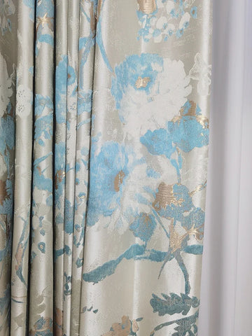 rideau occultant beige bleu doré fleurs chinoises jacquard classique salon chambre fenêtre maison luxe
