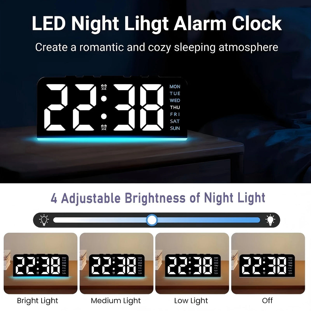 horloge numérique moderne alarme double température led noir blanc bleu