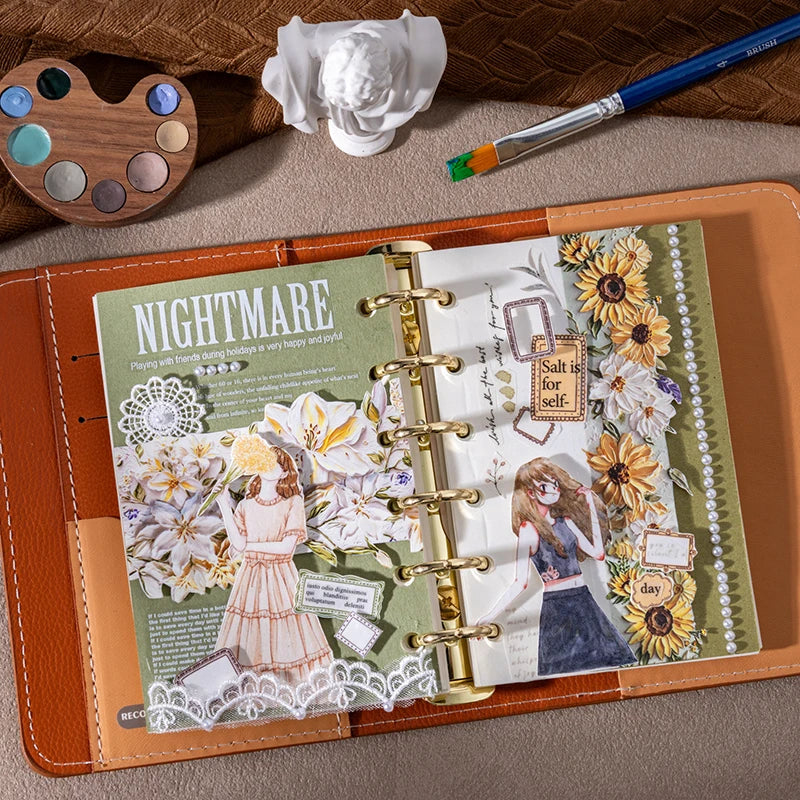 scrapbooking album pages stickers fleurs dentelle clips dorés orange beige multicolore