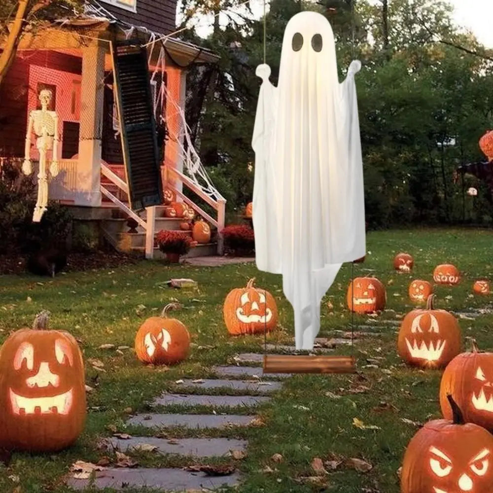 fantôme suspendu blanc halloween texture ondulée fixations classiqueHaunted Swing Adjustable White Classic Halloween Decoration