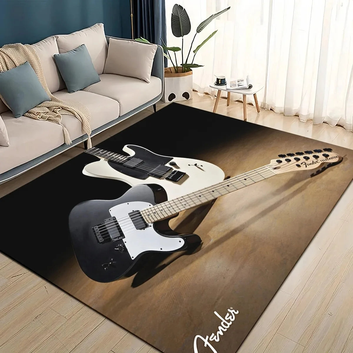 tapis sol moderne motif guitare noir bleu blanc antidérapant décoration salon chambre maison