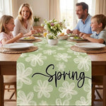 nappe runner floral printemps pâquerettes calligraphie couleurs vives décoration table saisonnelle bleu rose vert