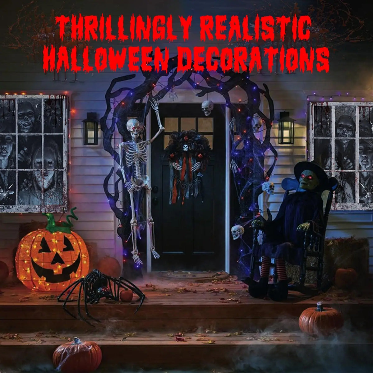 décoration halloween visage effrayant fenêtre barreaux sang gris noir opacité