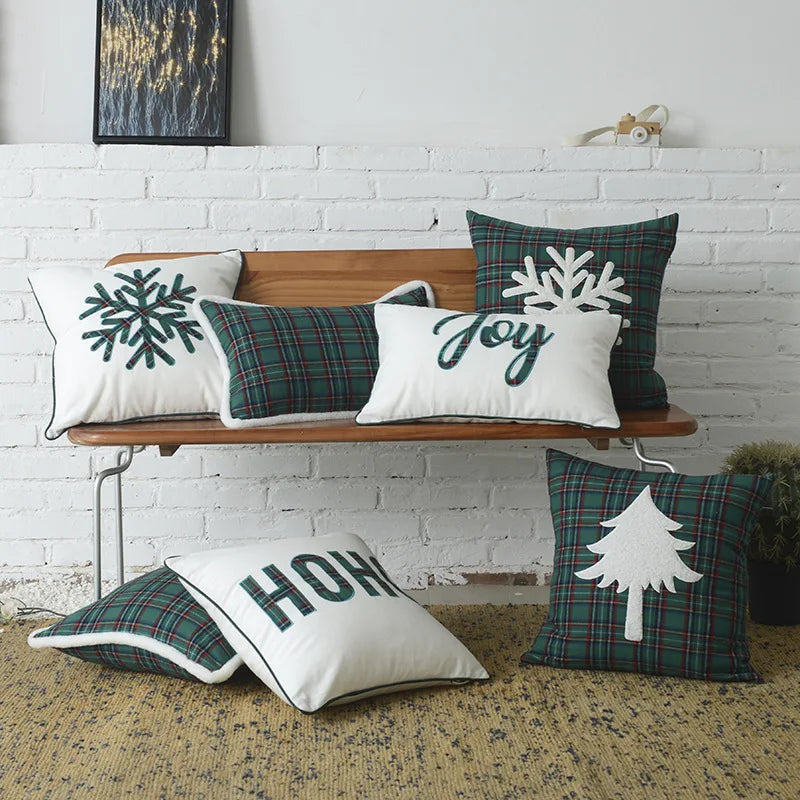 housse coussin tartan vert flocon arbre noël décoration maison festive polyester moderne