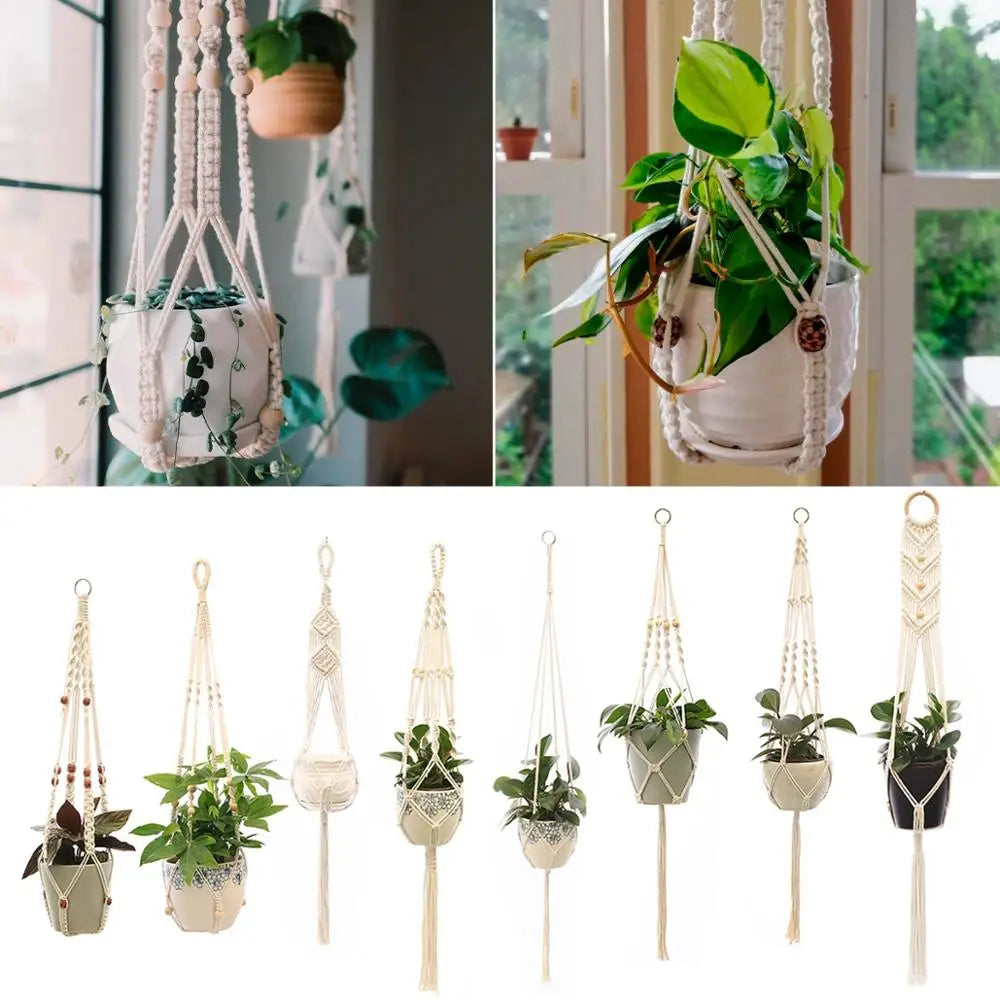 support plante suspendu macramé boho artisanal blanc beige orange tissé oeilletsextérieur exposition arbres
