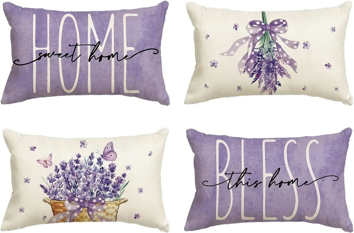 housse coussin motif floral lavande papillons violet beige rustique 30X50cm decoration autumn