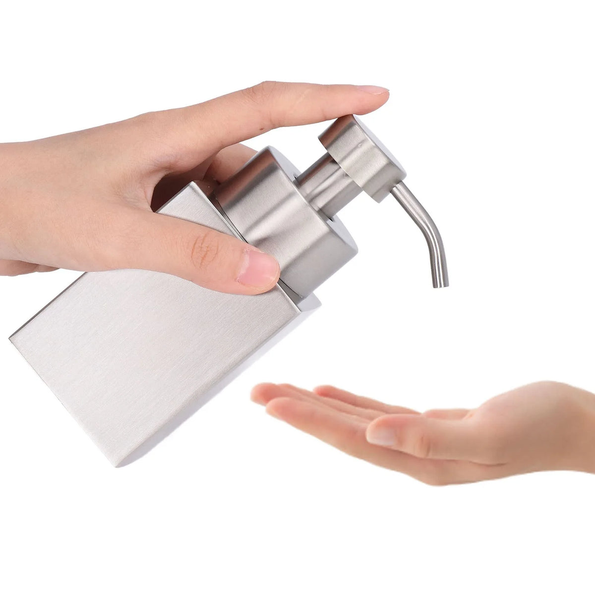 distributeur savon liquide argenté acier inoxydable finition brossée moderne minimaliste salle bains cuisine