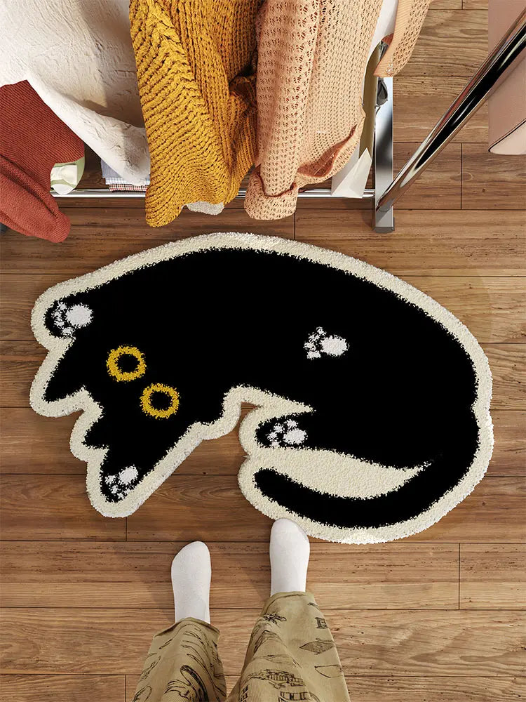 tapis sol intérieur motif chat noir cartoon décor maison moderne antidérapant polyester doux noir