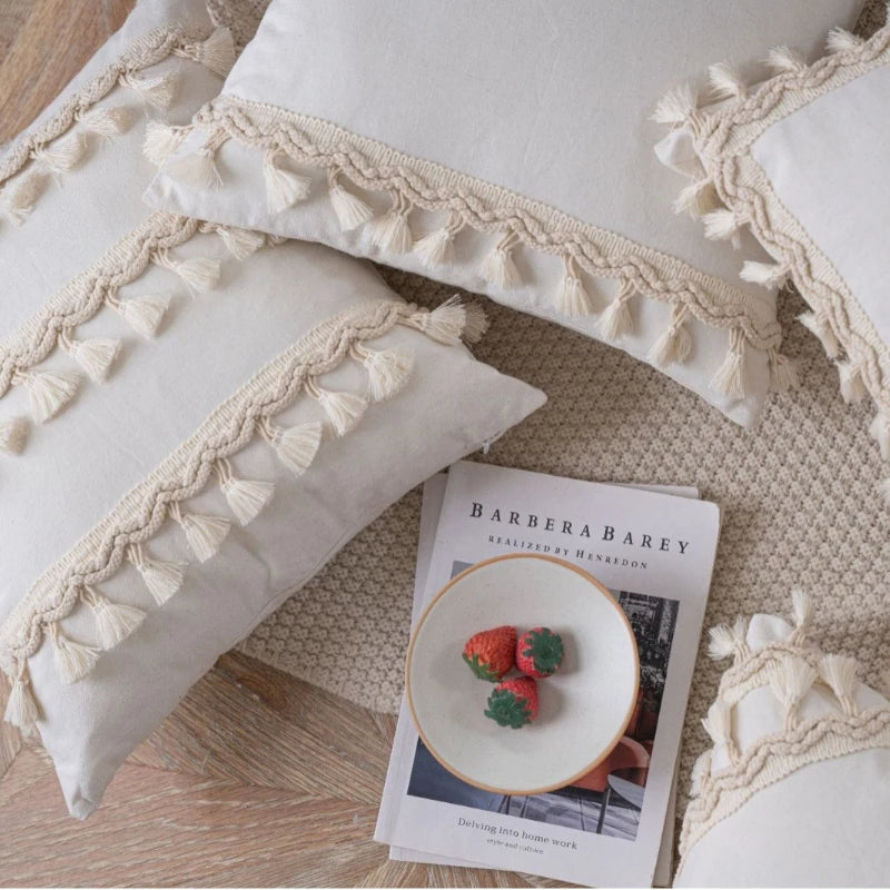 coussin carré bohème franges blanches beige décor maison tissu polyester simple 60x60cm