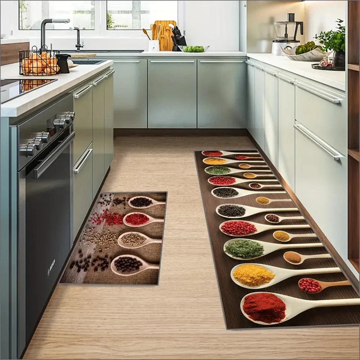 tapis cuisine marron beige blanc motif cuillères grains épices moderne sol polyester pvc