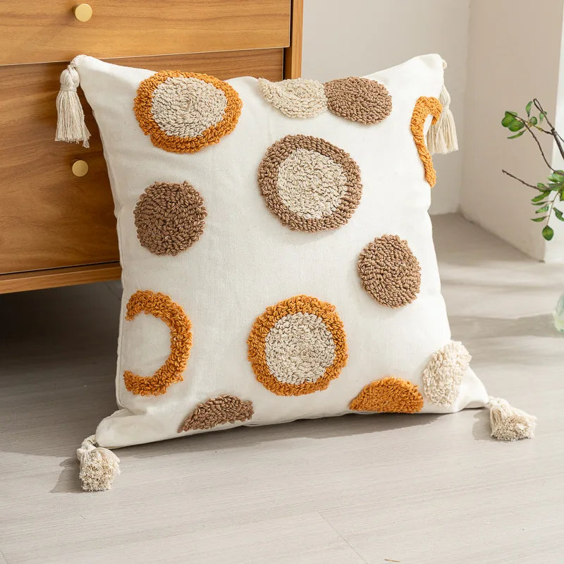 taies d'oreiller carrées 45x45cm moderne motifs géométriques blanc marron vert bleu beige tasseaux