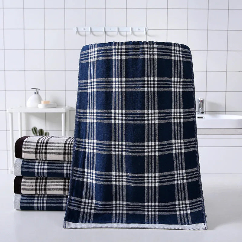 serviette bain coton carreaux bleu blanc rapide absorption 34x76cm minimaliste moderne