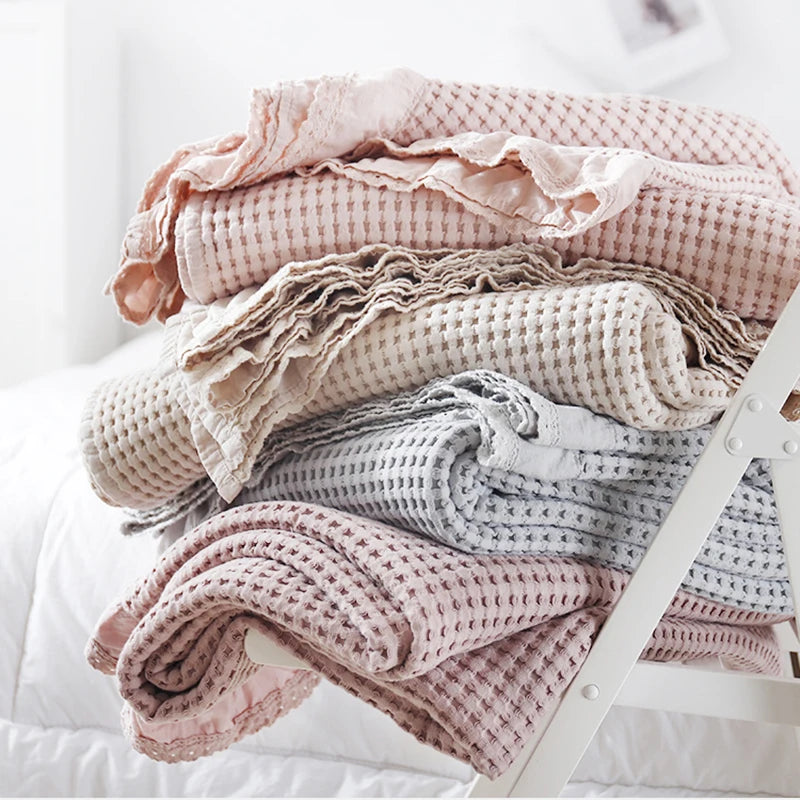 plaid coton doux solide rose clair tissage points moderne portable anti boulochage pique nique