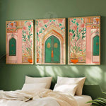 affiches murales décoratives florales arches bois vert rose beige chambre salon
