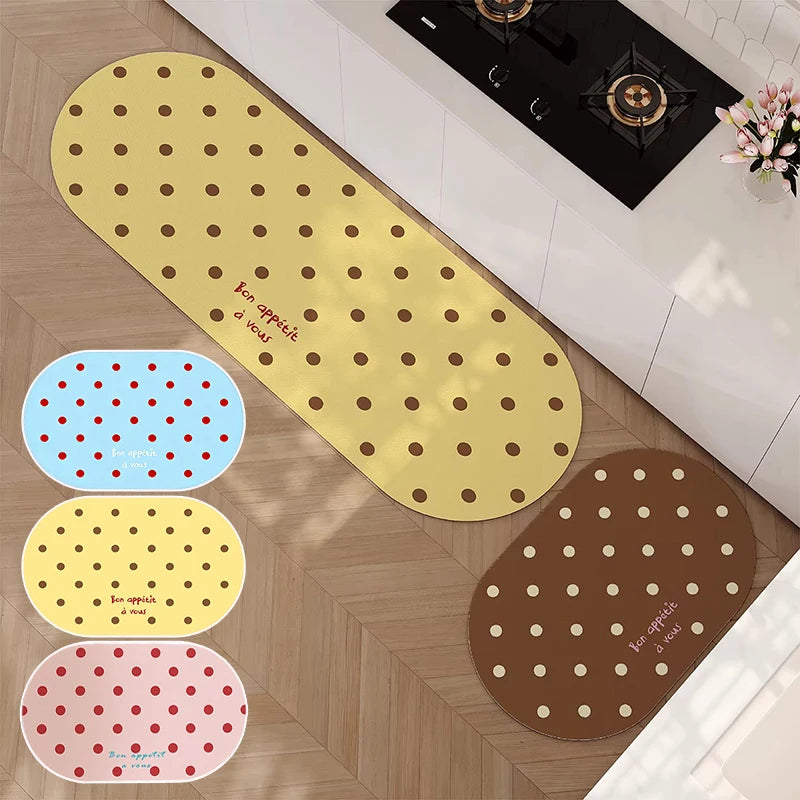 tapis cuisine antidérapant moderne pois jaune bleu rose marron bon appétit adhésif sol extérieur