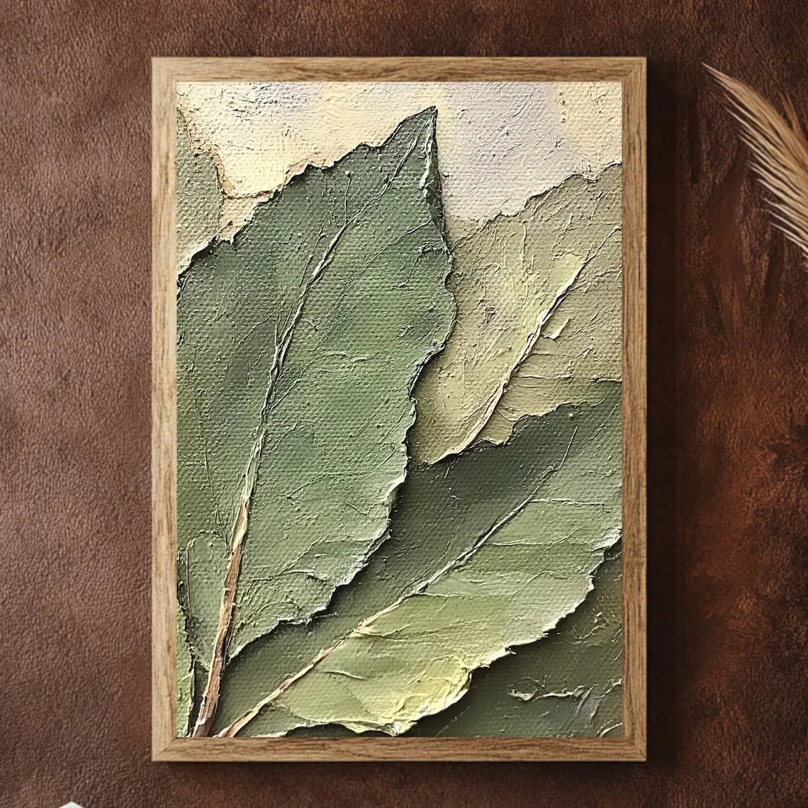 tableau mural toile feuilles botaniques impression texturée verte contemporain abstrait décoration maison vert beige