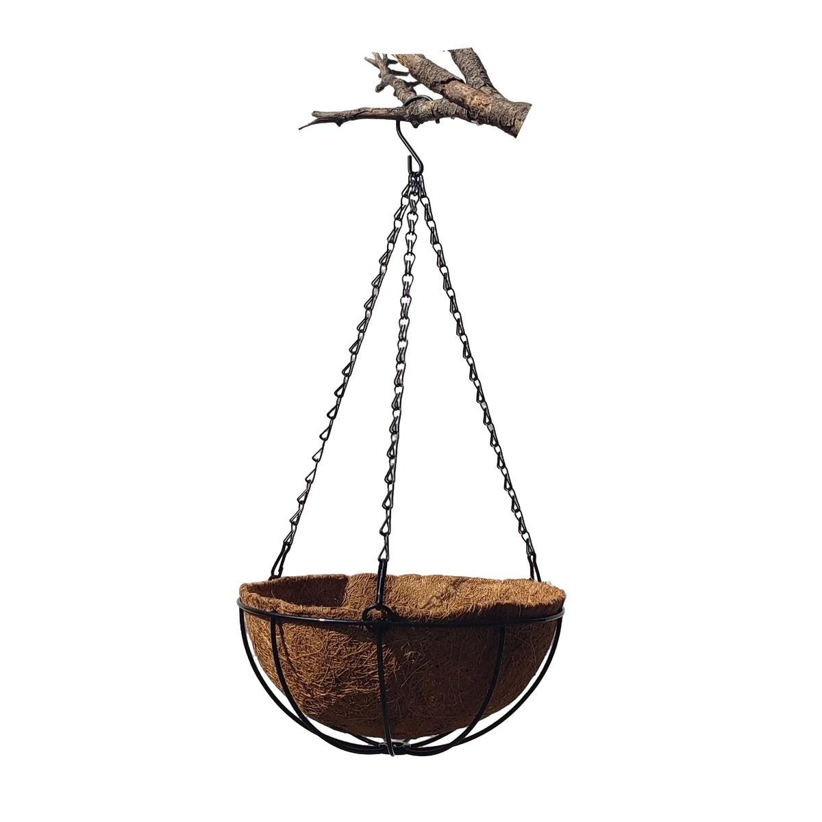 panier suspendu fibre coco chaînes métal marron clair plante verte jardin rustique naturelintérieurextérieur