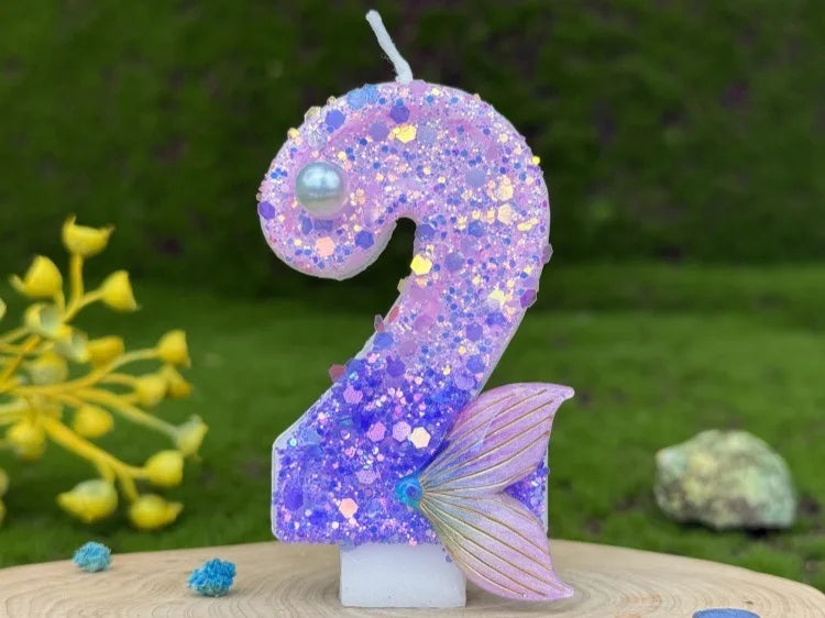 bougies numéraires paillettes sirène violet doré anniversaire décoration gâteau thème pois queue poisson festive