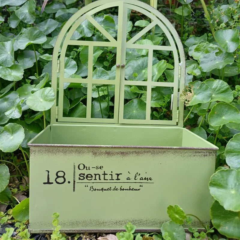 Bac fleurs métal vintage blanc vert fenêtre succulents rustic decorationintérieur jardinage