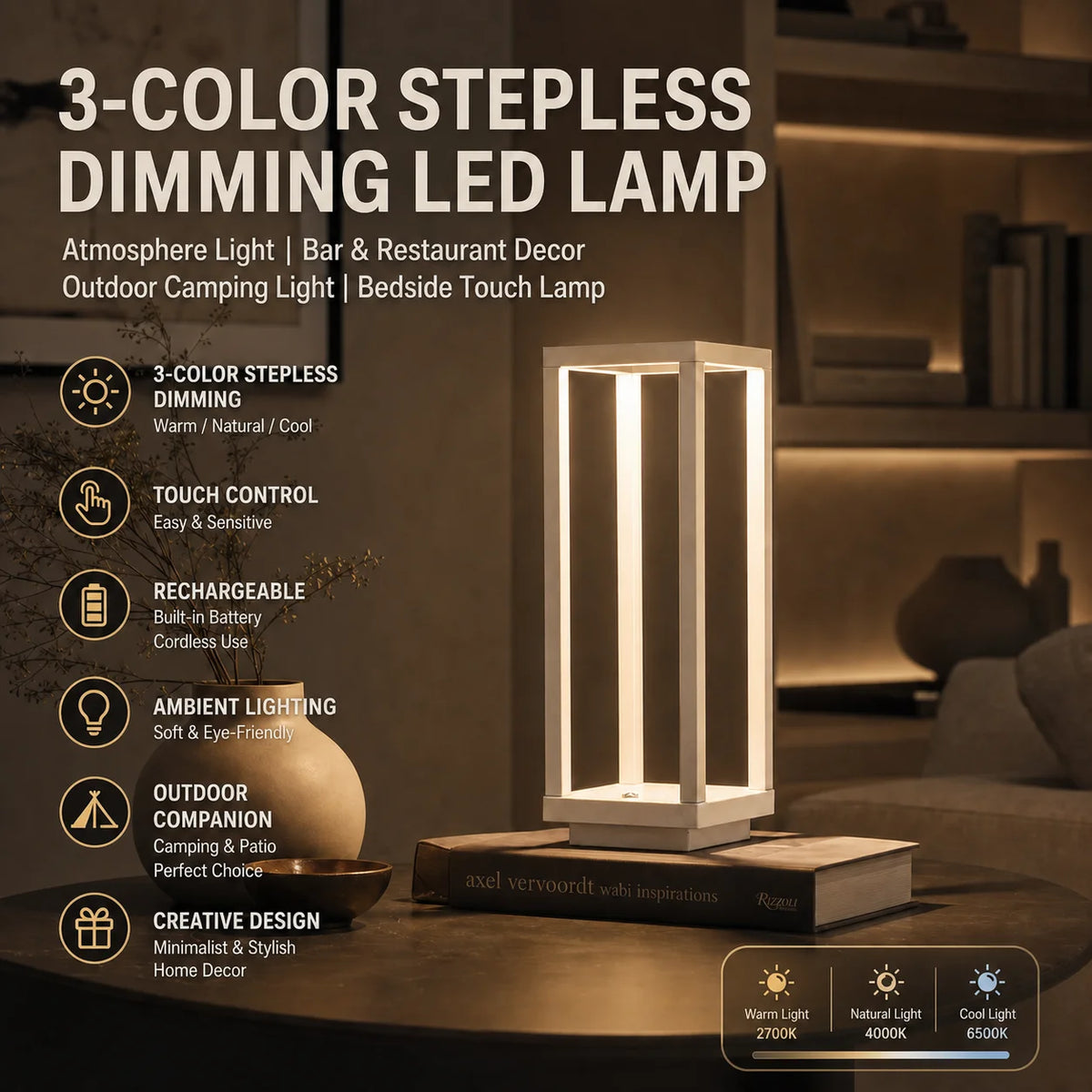 lampe table led rechargeable usb tactile minimaliste moderne blanc métal