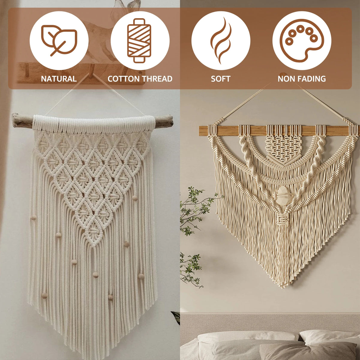 tapis mural décoration rideau séparateur pièce coussin plante suspendue kit macramé fil coton anneaux