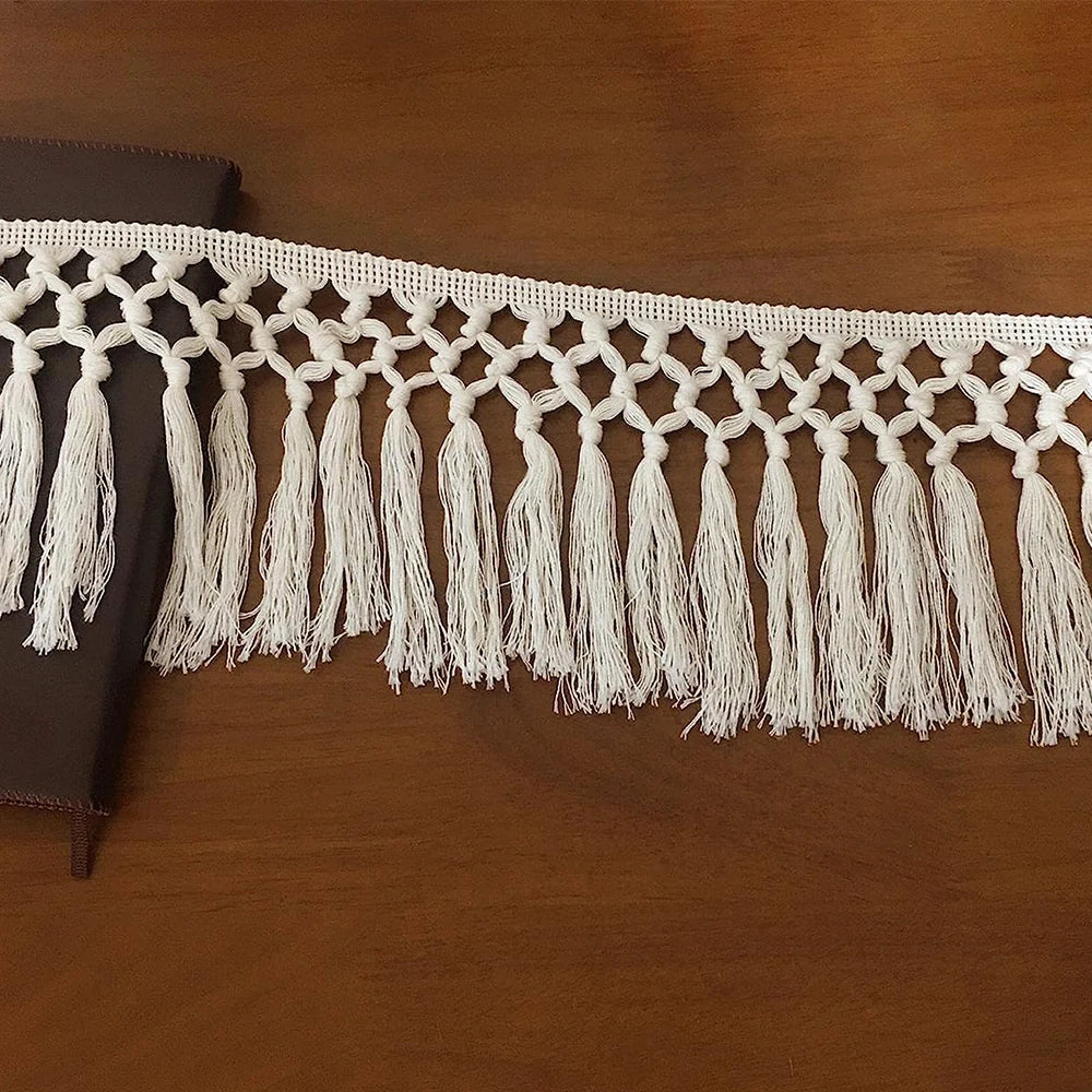 ruban macramé franges blanches motif géométrique bohème largeur 14cm longueur 108pouces artisanal decoration tissagemanuel