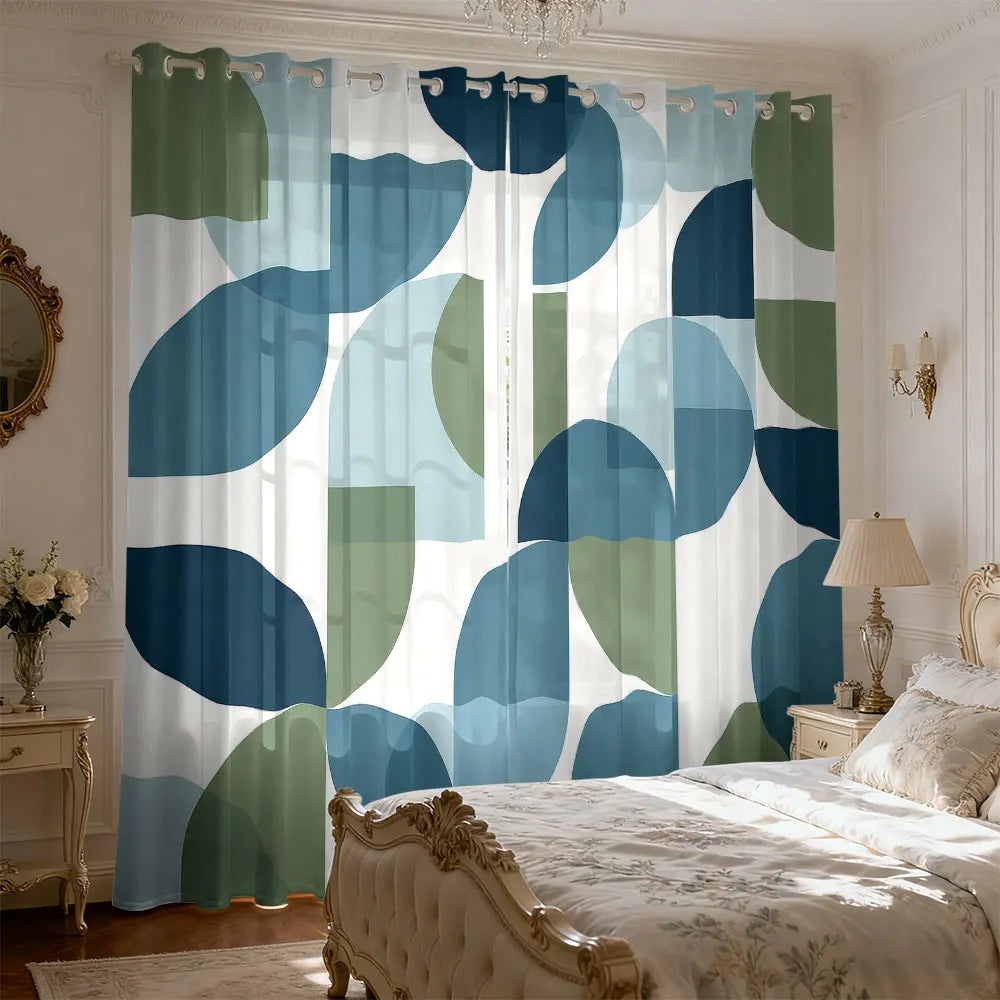 rideaux abstraits semi transparents moderne blanc bleu vert cercles rectangles salon polyester