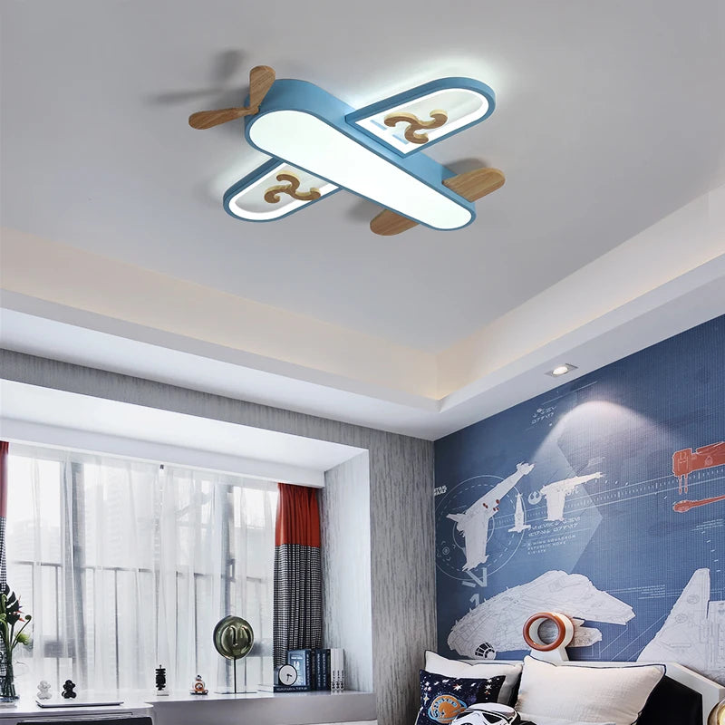 lampe suspendue avion forme bois bleu doré moderne chambre enfant interrupteur tactile