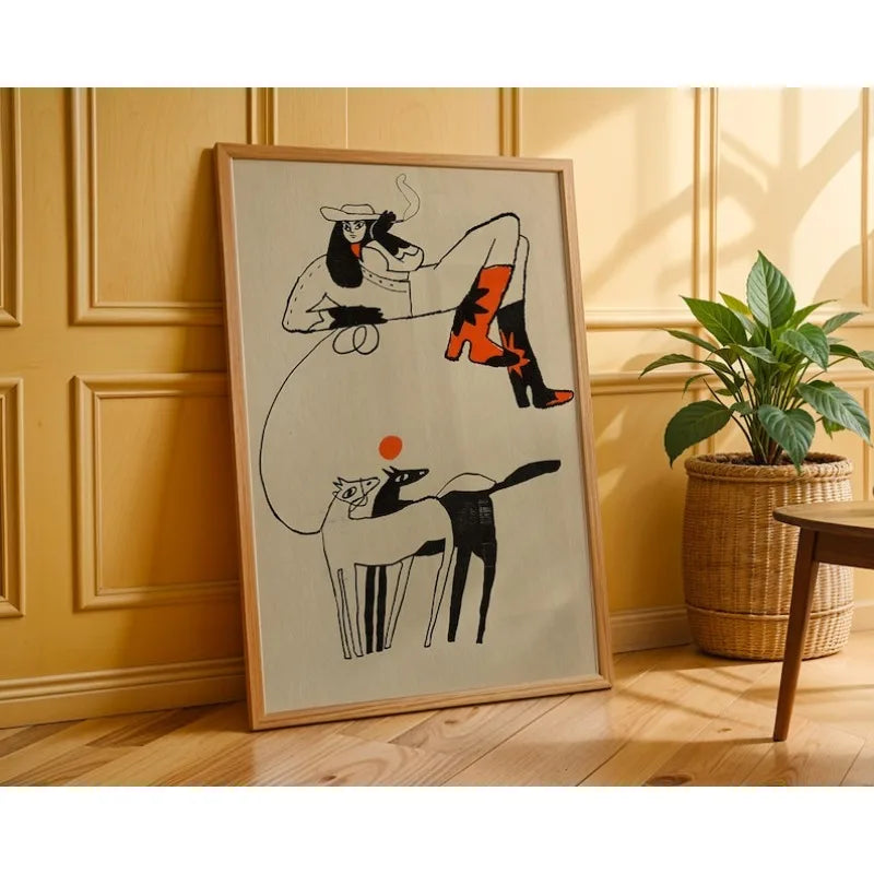 tableau impression toile abstraite vintage sans cadre minimaliste moderne décoration salon beige noir orange
