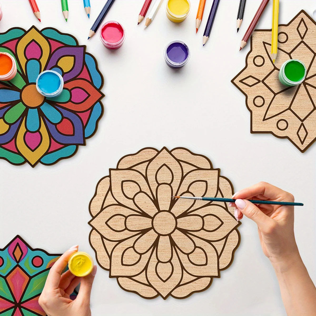 coasters bois non fini mandala multicolore géométrique artisanal décoratif adhésif pièces colorier bricolage