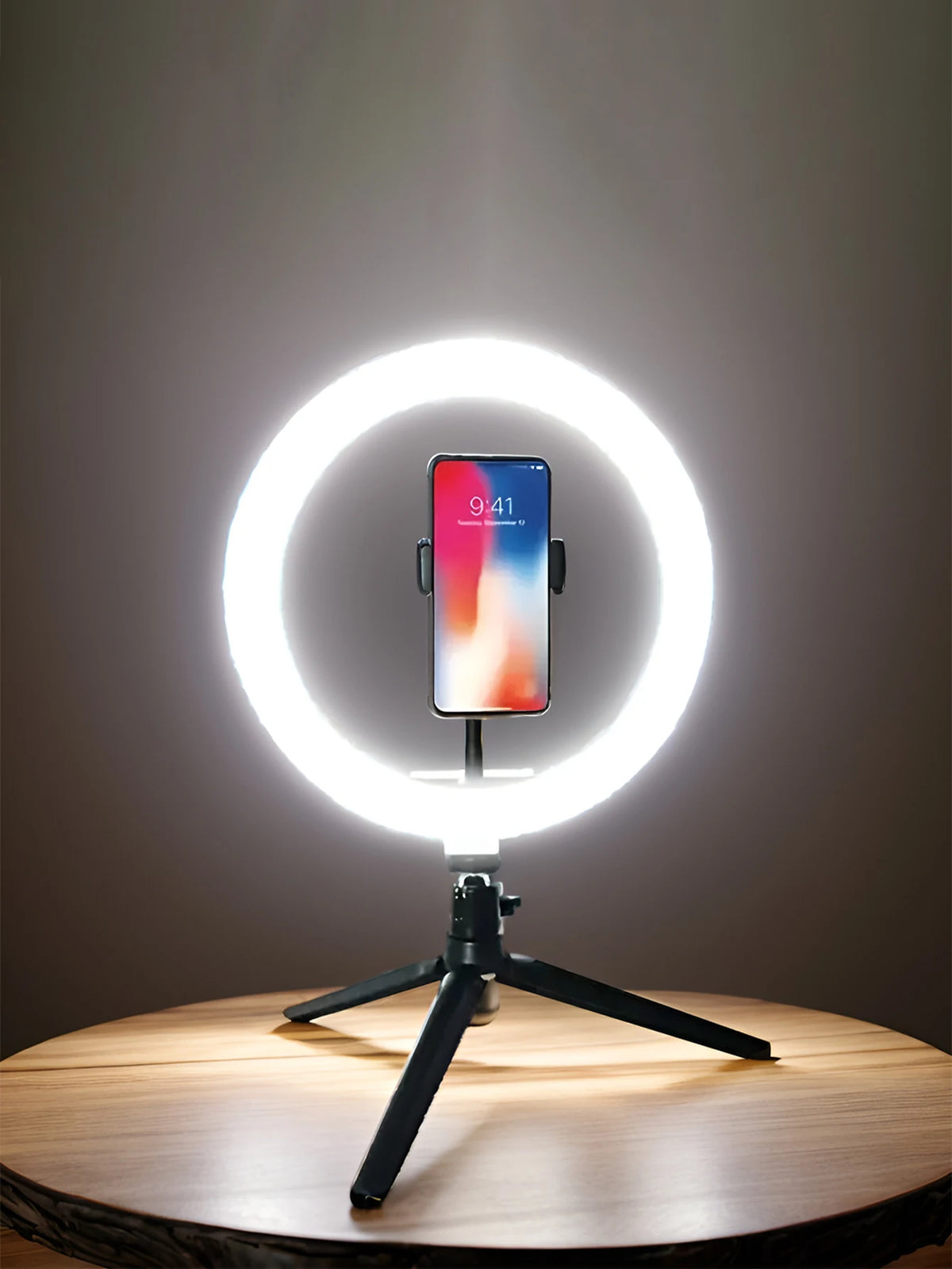 lampe anneau led blanc moderne trépied tête sphérique support téléphone