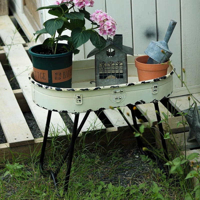 support plantes rustique vintage fer blanc jardin extérieur deux pièces