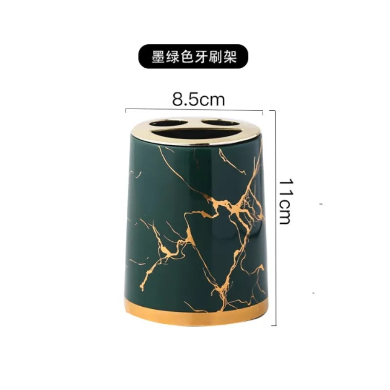 ensemble vaisselle salle bain marbre doré moderne vert foncé blanc noir respectueux environnement