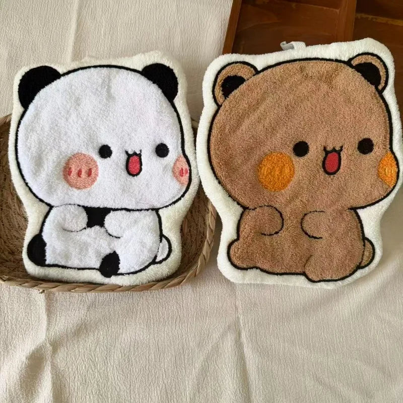 serviettes suspendues kawaii pandas ours pelucheuses brodées toilette enfantine blanc marron rose