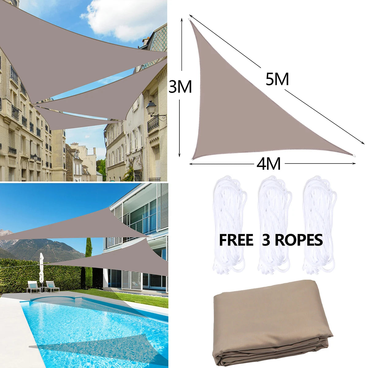 voile d'ombrage triangulaire beige oxford moderne anti uv 3x4x5m 5x5x7.1m anneaux inoxydables instructions