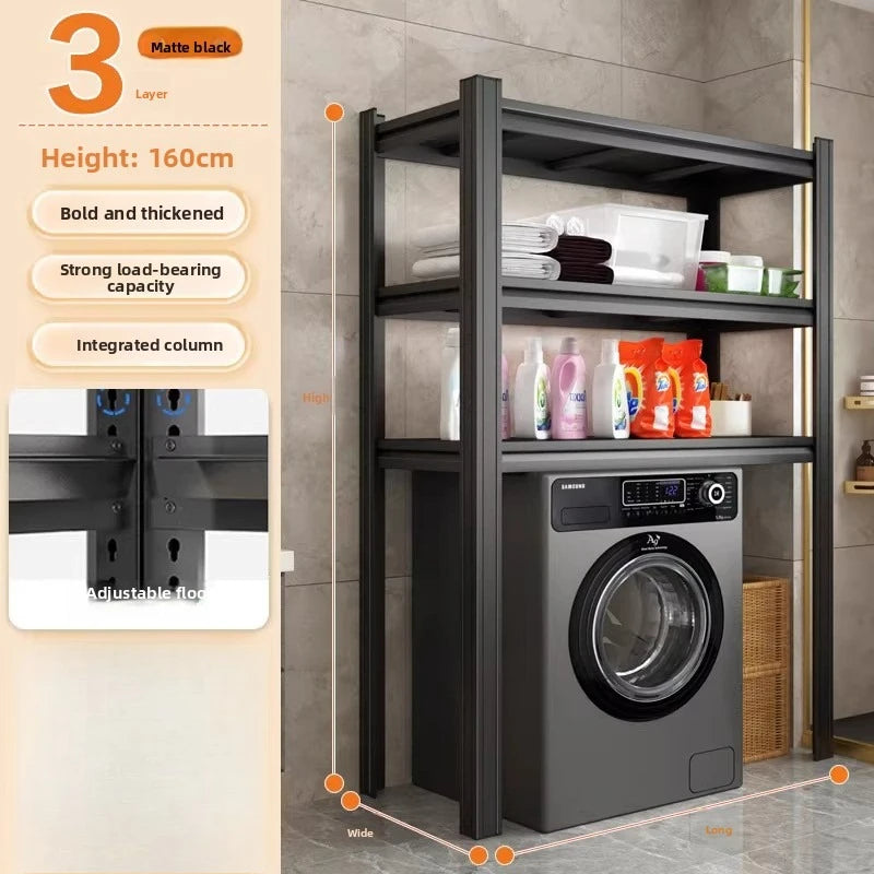 rangement meuble noir moderne étagères paniers linge serviettes bouteilles lessive autoportant adaptable buanderie