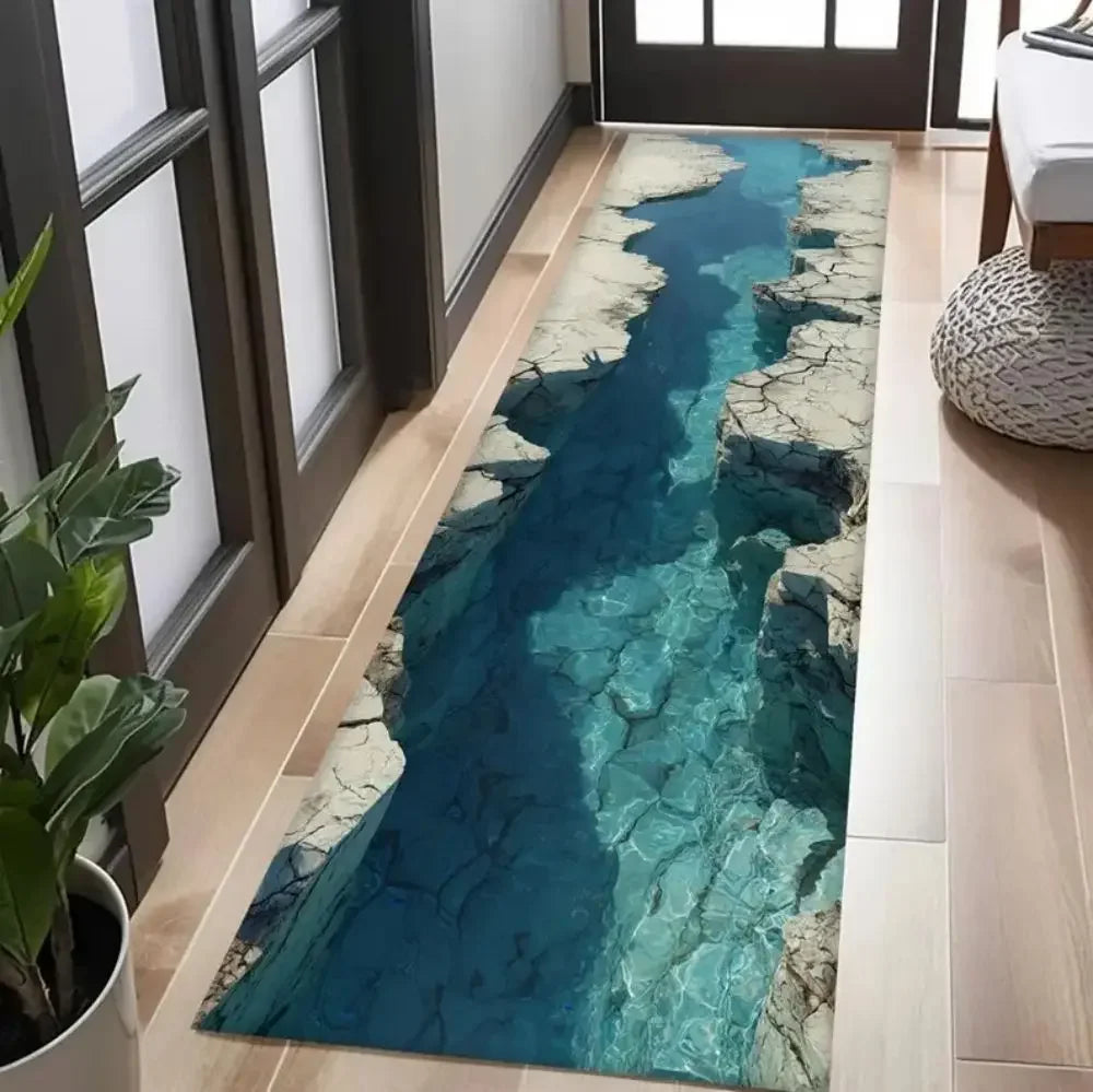 tapis illusion optique paysage naturel bleu gris moderne anti dérapant polyester résistantintérieurextérieur