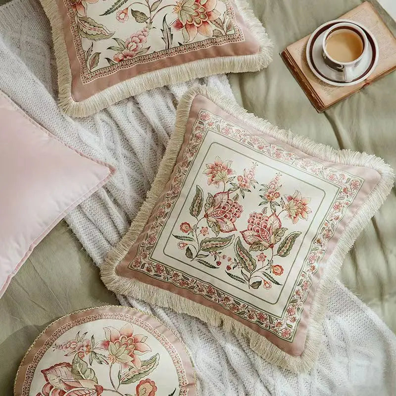 coussin carré vintage floral rose beige coton polyester 45x45cm 55x55cm 30x70cm decoration maison nordique