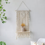 étagères suspendues macramé boho rustique étagères plantes vase céramique cadre photo coussin franges