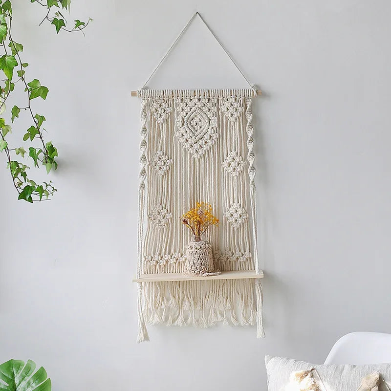étagères suspendues macramé boho rustique étagères plantes vase céramique cadre photo coussin franges
