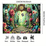 toile fond décorative alice merveilles roses cartes lapin chapeau horloge champignons vert bleu rose