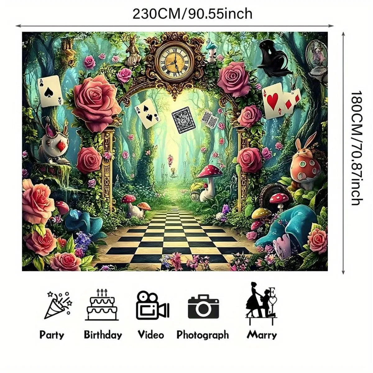 toile fond décorative alice merveilles roses cartes lapin chapeau horloge champignons vert bleu rose