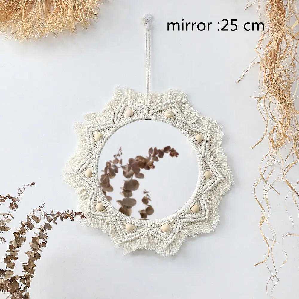 miroir decoratif boheme macramé franges étoile tressage blanc cassé geometrique chambre salon