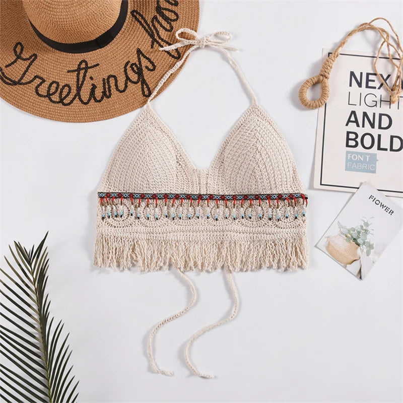 gilet boho chic multicolore coton polyester crocheté opaque collier chapeau
